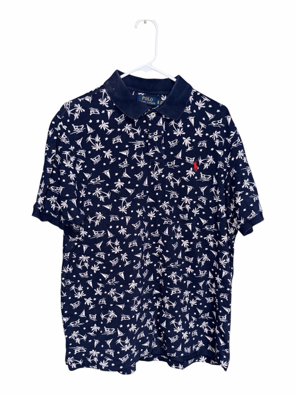 Polo by Ralph Lauren Navy Polo with White Tropical Print and Red Pony